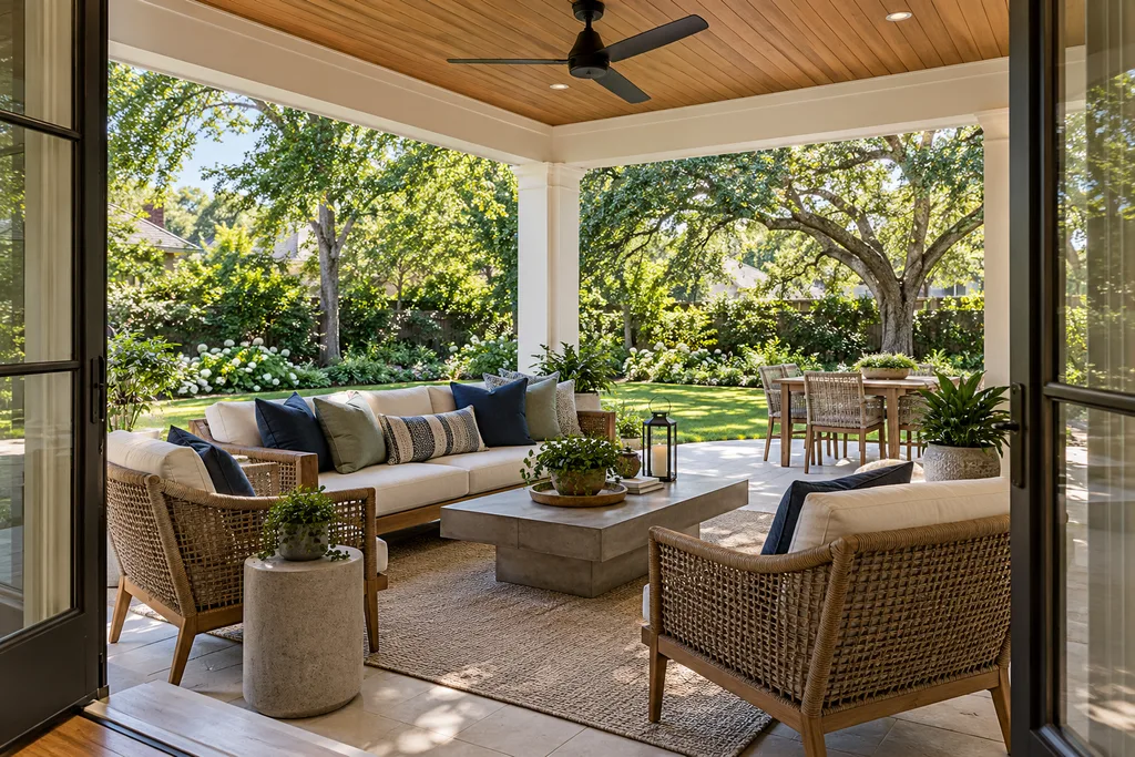 Illustrative AI-generated covered porch with a timber ceiling, fan and seating facing a leafy garden