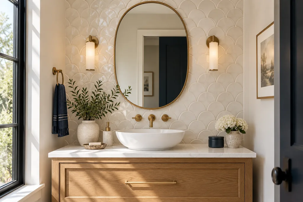 AI-generated vanity concept with cream fan-shaped ceramic wall tile, an oval mirror and oak cabinetry